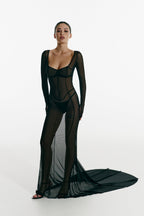 Elegant Sheer Maxi Dress in Black Mesh