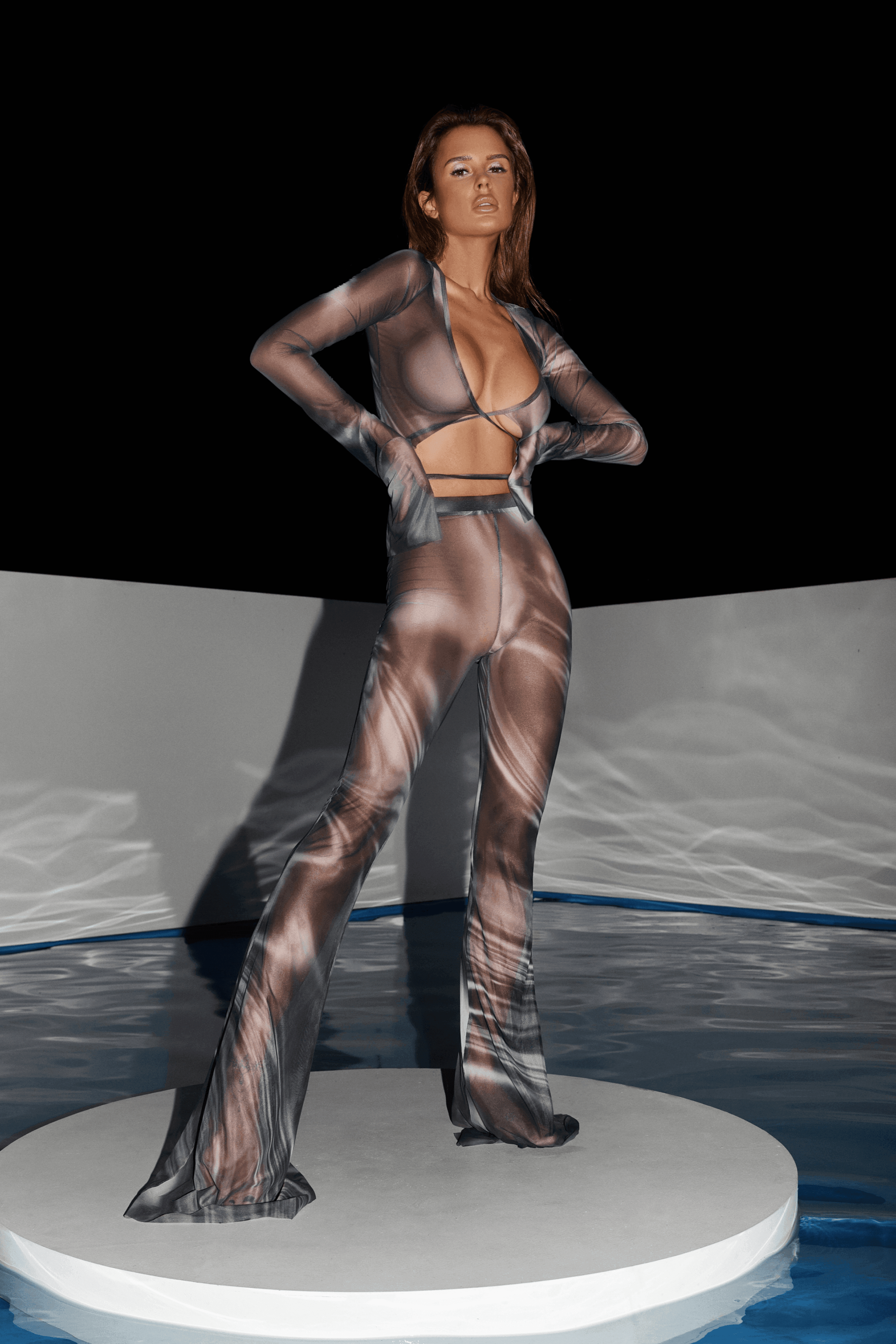 Stylish Suit: Printed Mesh Top and Long Pants