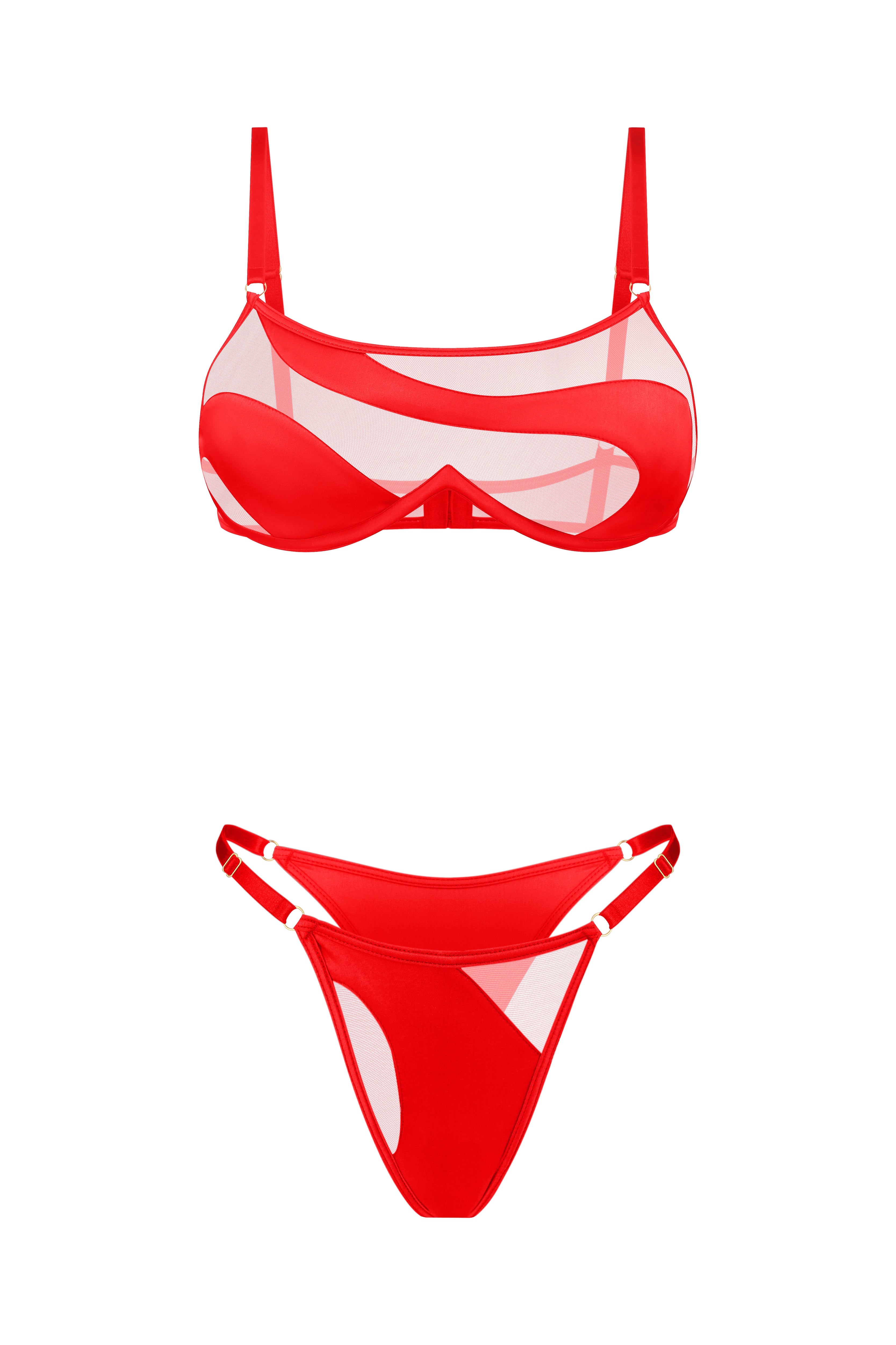 Lingerie Set of Silk and Mesh - Black, Red or Blue