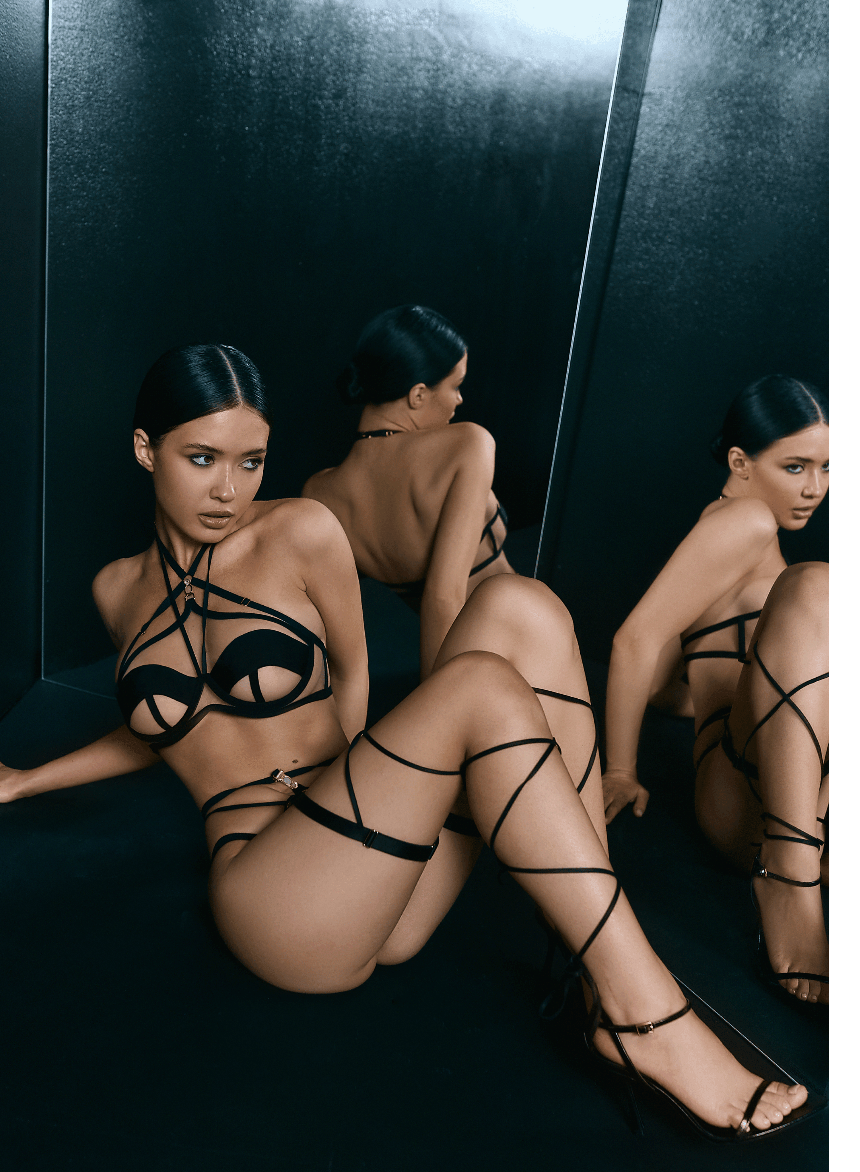 Elegant Strappy Lingerie Set - Black Mesh and Silk