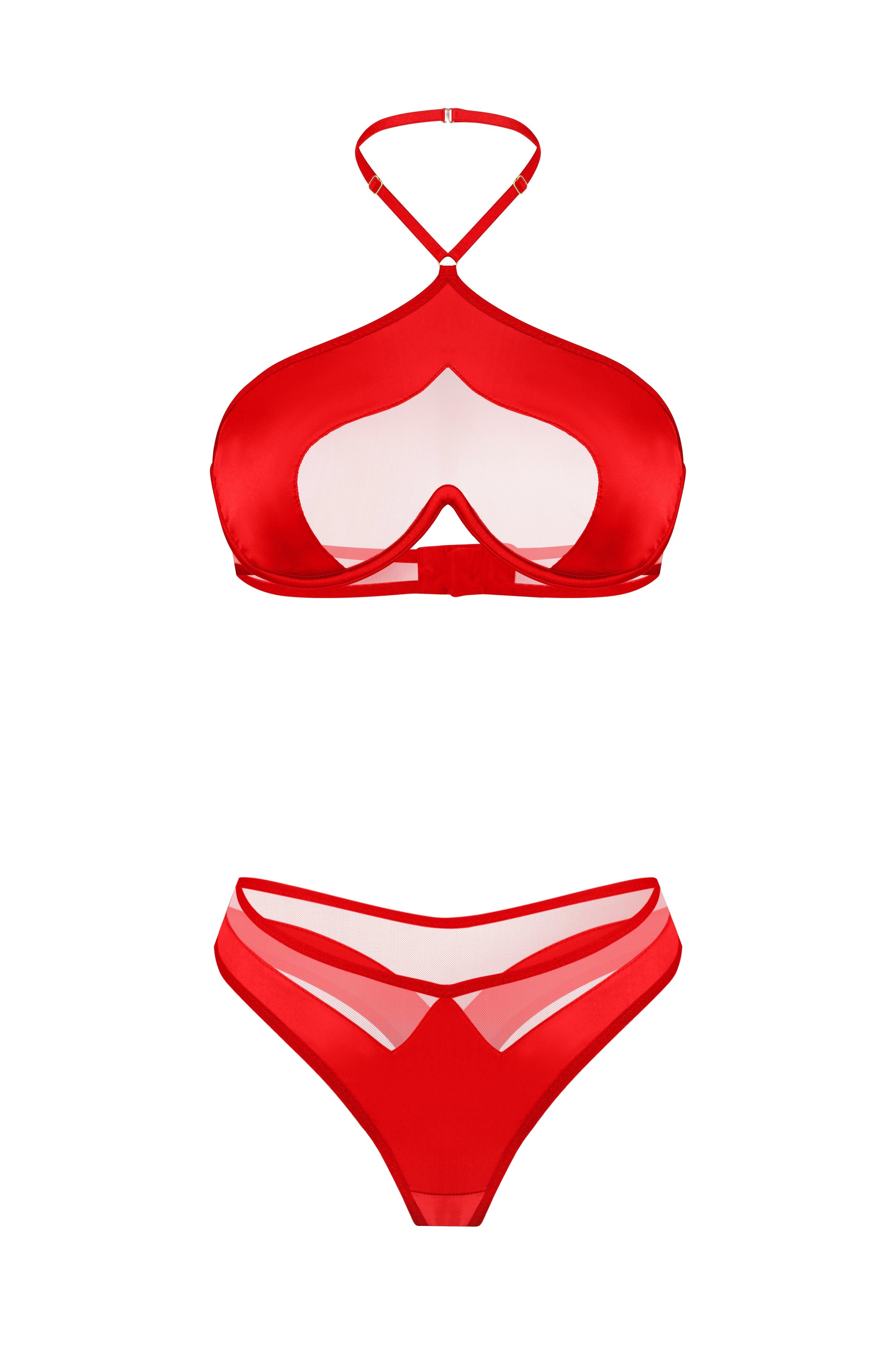 Luxurious Red Silk Mesh Lingerie Set with Dipped Thong Silk