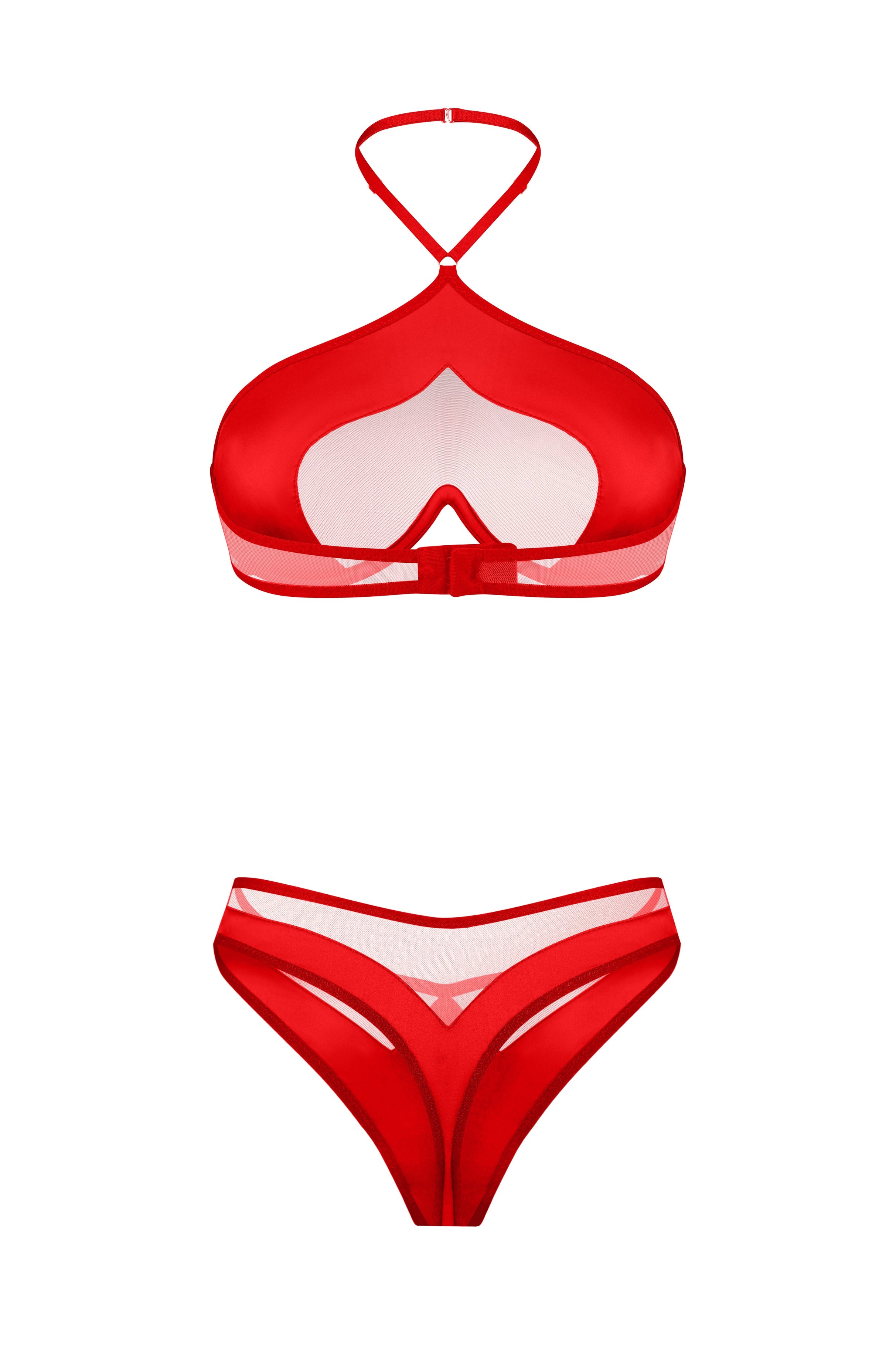 Luxurious Red Silk Mesh Lingerie Set with Dipped Thong Silk