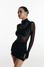 Black Mini Dress with Long Sleeves and Mesh Inserts