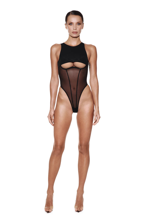 Black Halter Bodysuit with Mesh Cutout - CORE