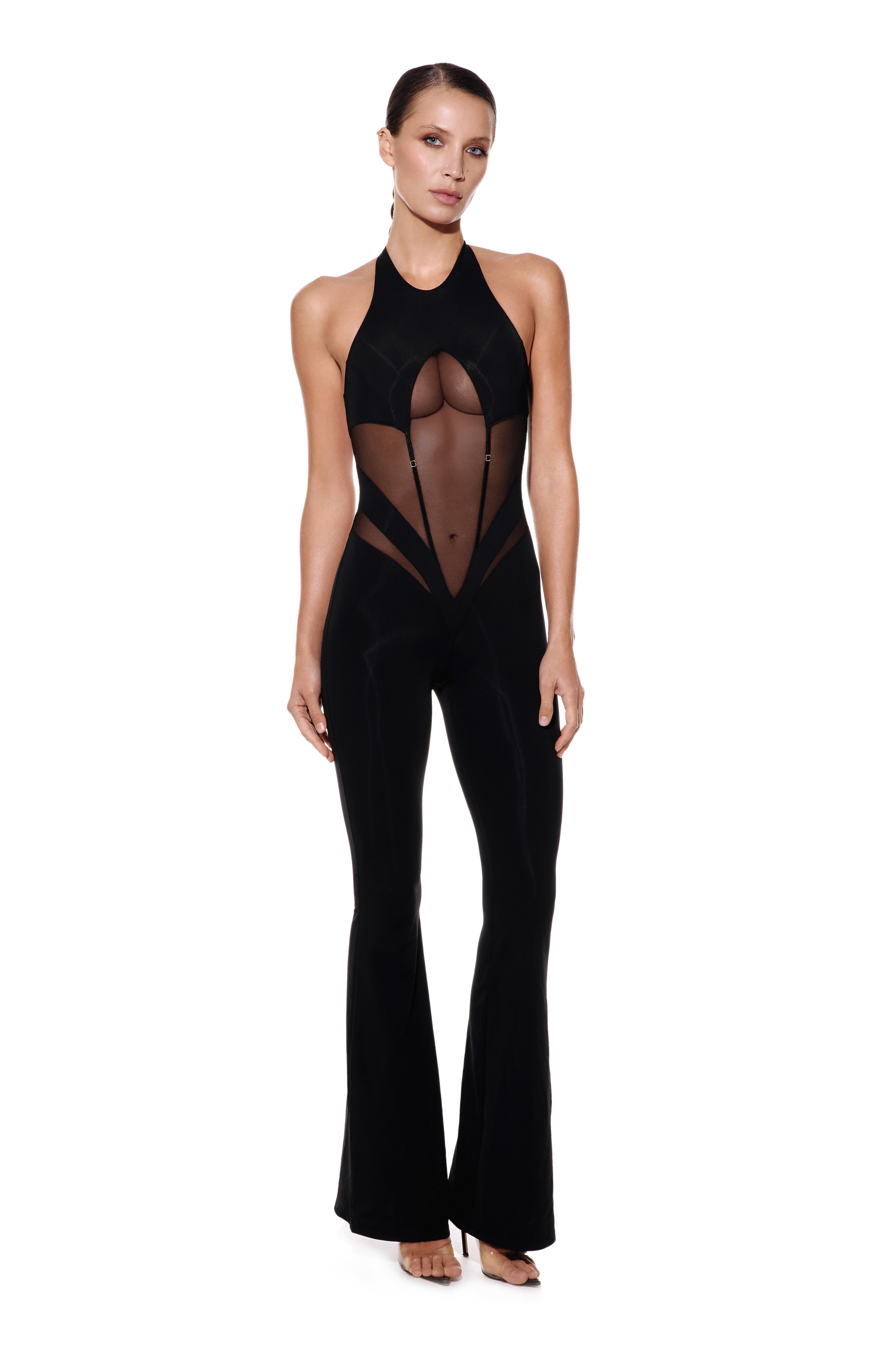 Black Halter Jumpsuit with Mesh Inserts - VECTOR
