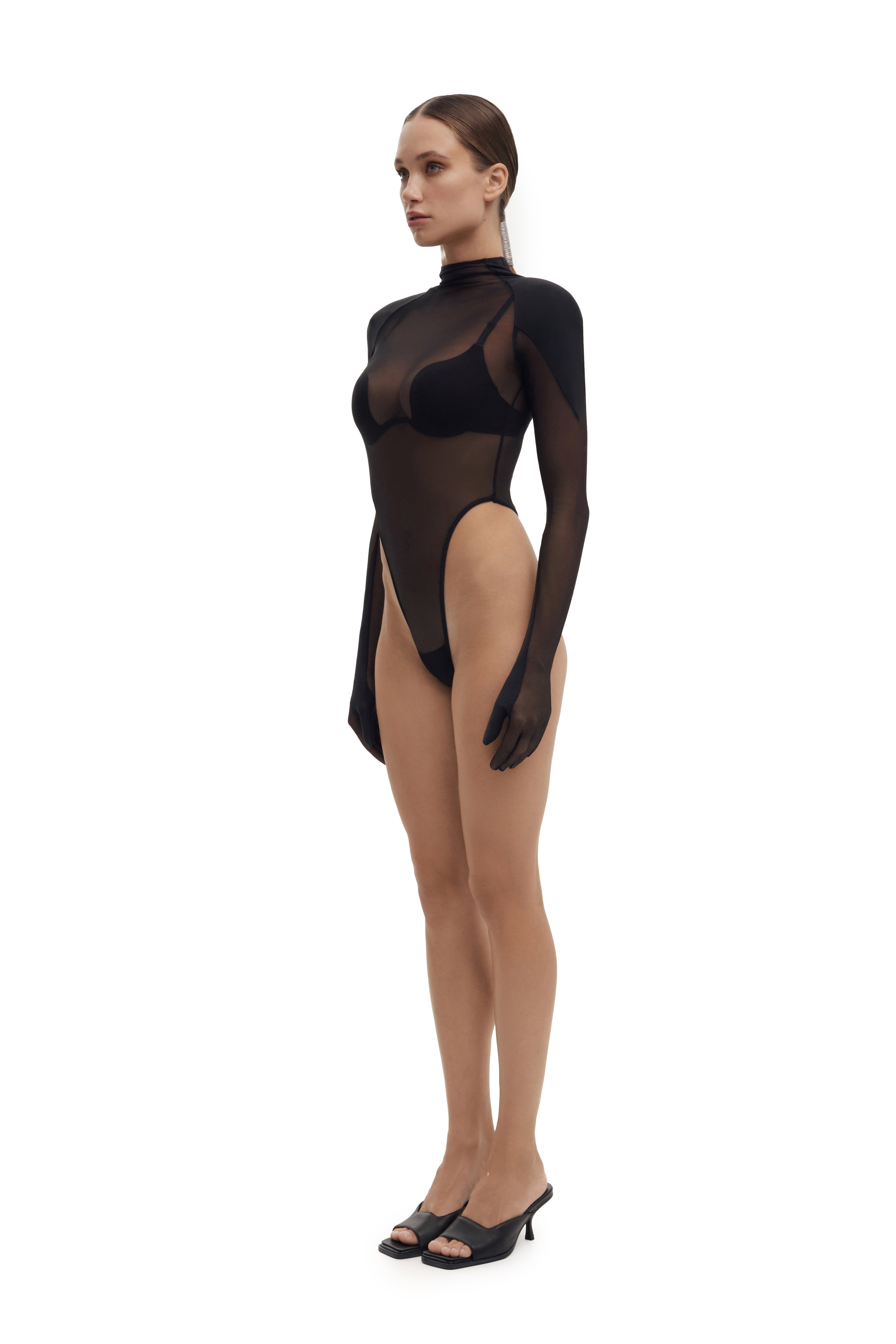 Sheer Mesh Bodysuit with Integrated Gloves SERPENT