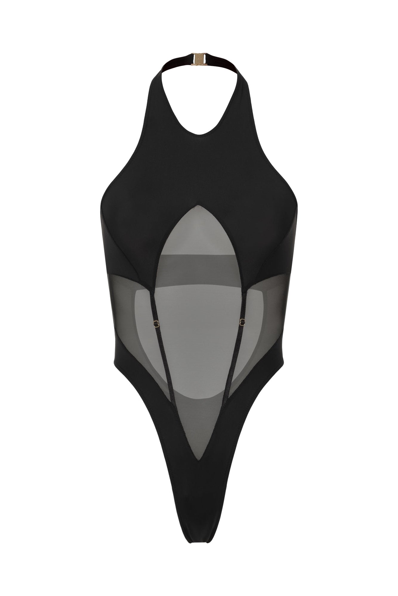 Black Halter Bodysuit with Mesh Cutout - VERTEX