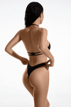 Black Swimsuit Top Cutout Dipped Front Thong