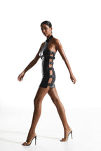 Black Eco-Leather Mini Dress with Belt Buckle Details