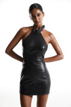 Black Eco-Leather Mini Dress with Belt Buckle Details
