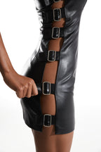 Black Eco-Leather Mini Dress with Belt Buckle Details