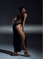 Elegant Maxi Dress with Bold Mesh Inserts: black beige