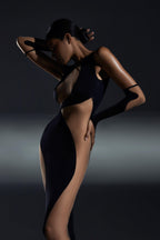 Elegant Maxi Dress with Bold Mesh Inserts: black beige
