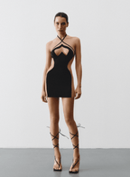 Black Mini Dress with side beige Mesh Inserts Design