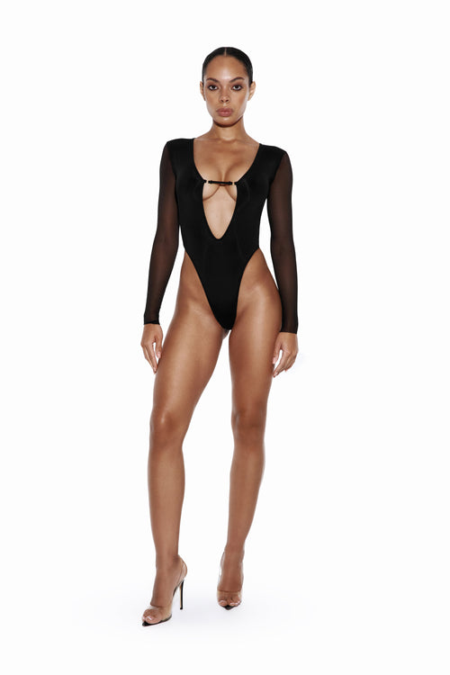 Black Long Sleeve Bodysuit with Front Cutout - SIREN