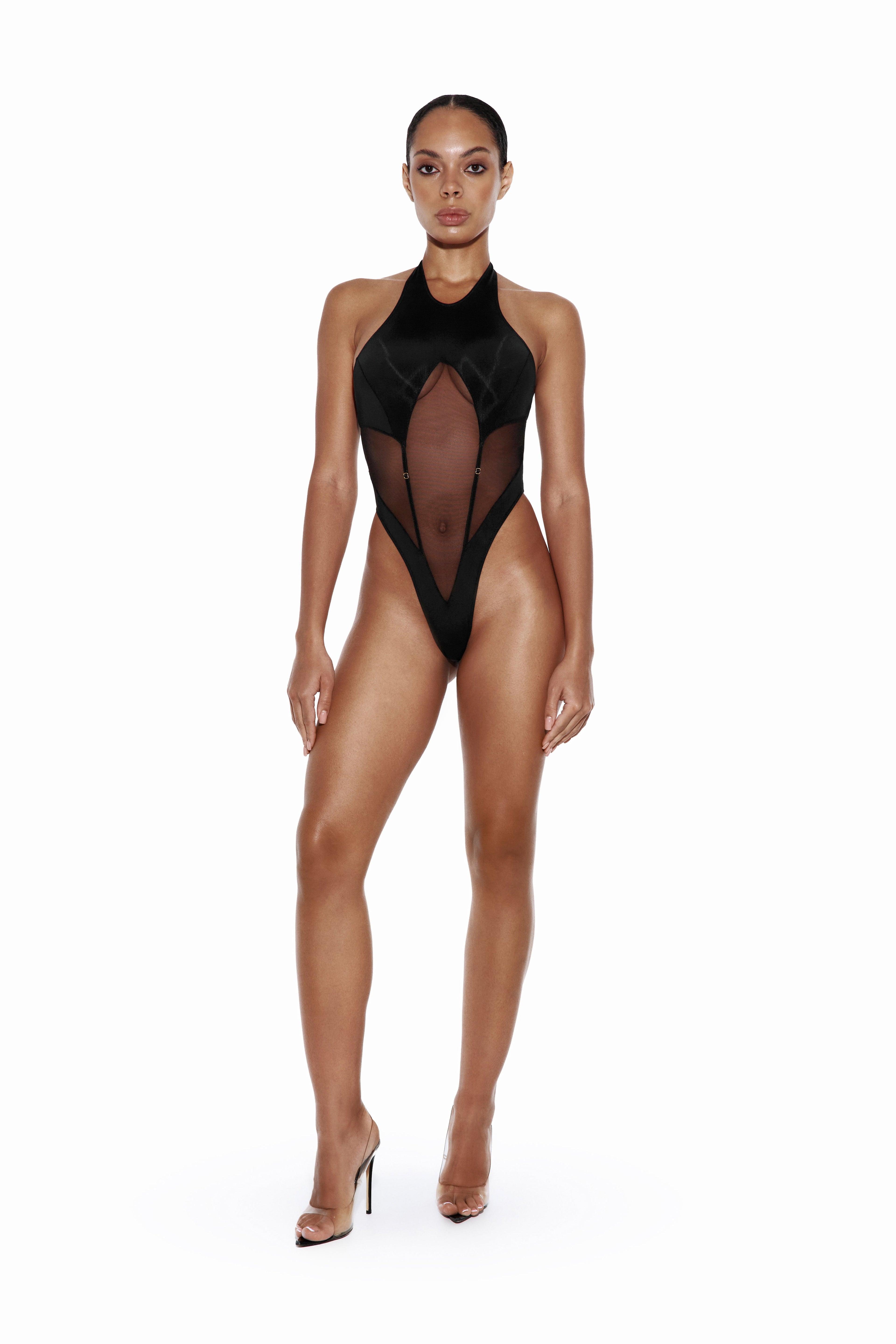 Black Halter Bodysuit with Mesh Cutout - VERTEX