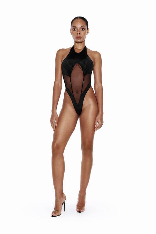 Black Halter Bodysuit with Mesh Cutout - VERTEX