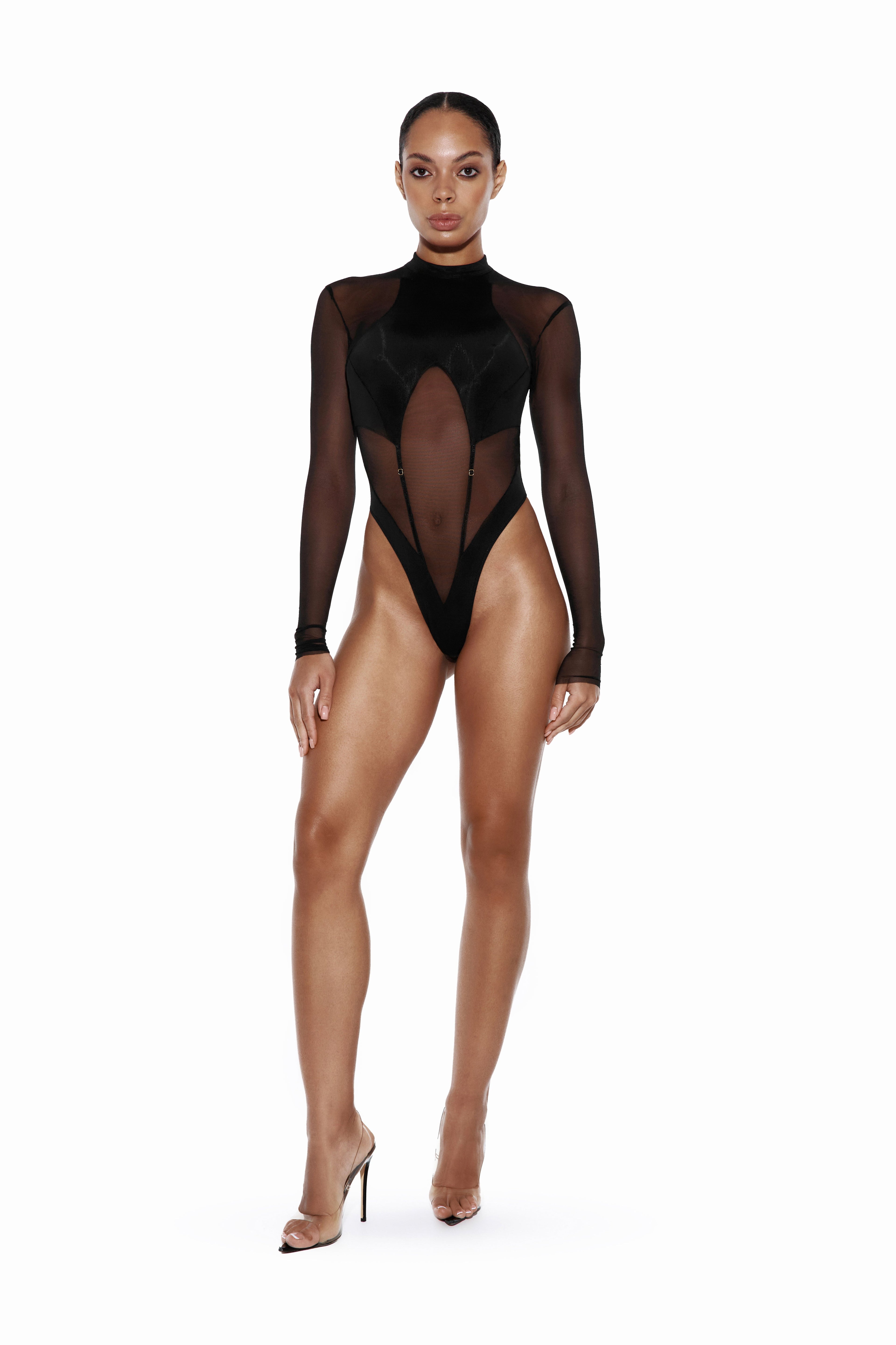 Black Long Sleeve Bodysuit with Mesh Inserts - FRAME