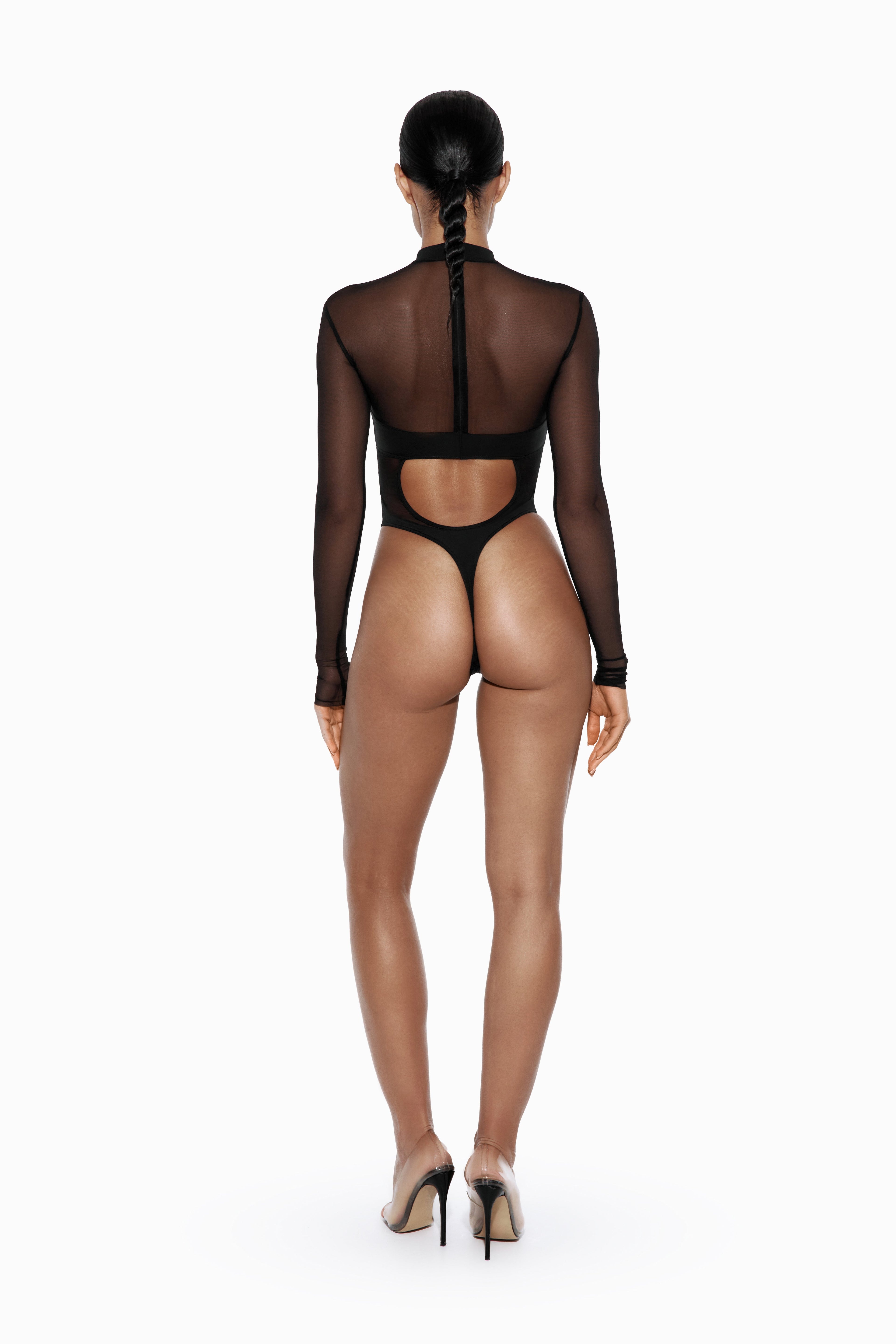 Black Long Sleeve Bodysuit with Mesh Inserts - FRAME