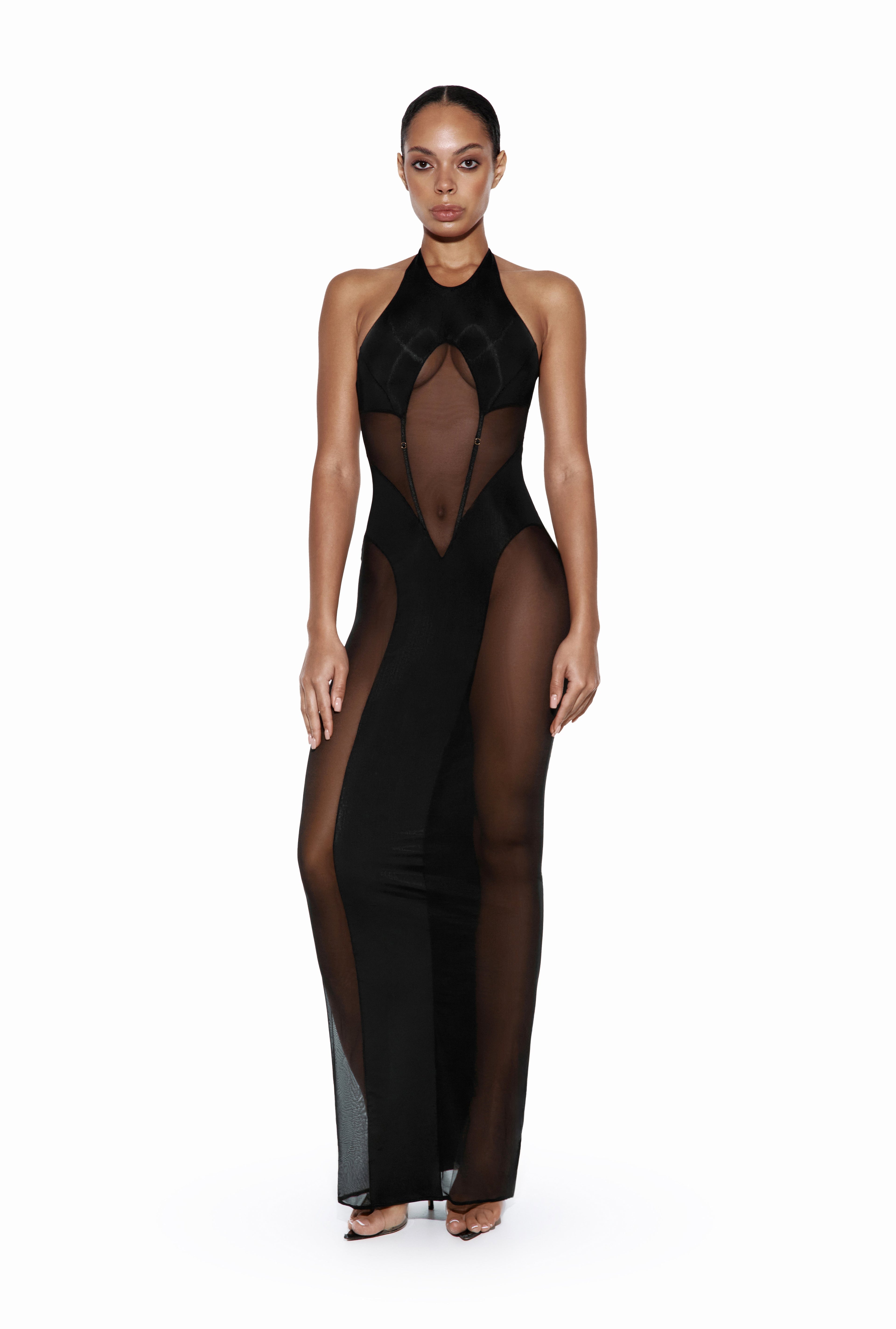 Black Halter Maxi Dress with Mesh Inserts - SILHOUETTE