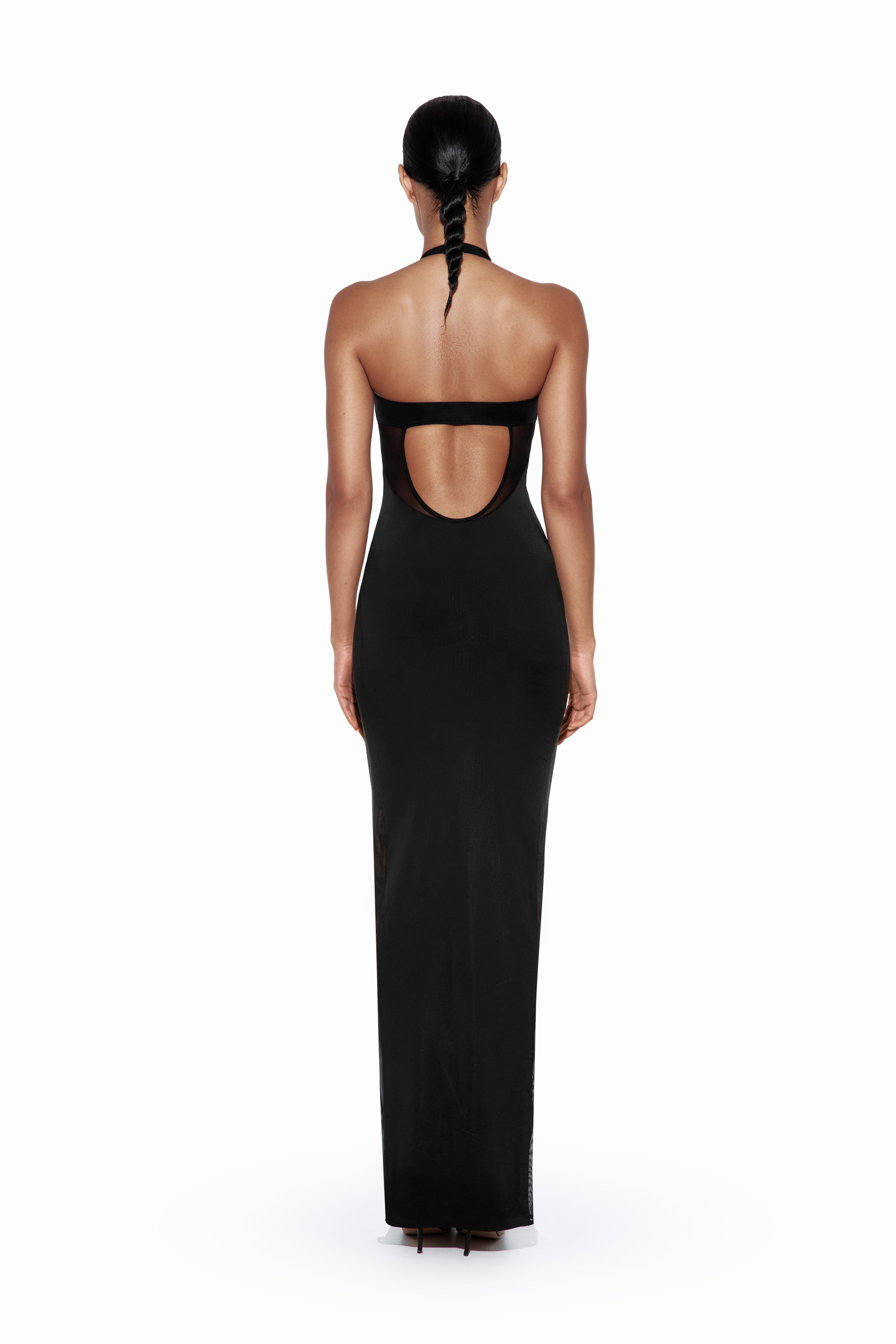 Black Halter Maxi Dress with Mesh Inserts - SILHOUETTE