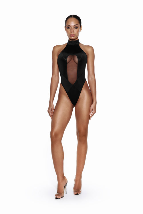 Black Halter Bodysuit with Mesh Cutout AXIS