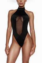 Black Halter Bodysuit with Mesh Cutout AXIS