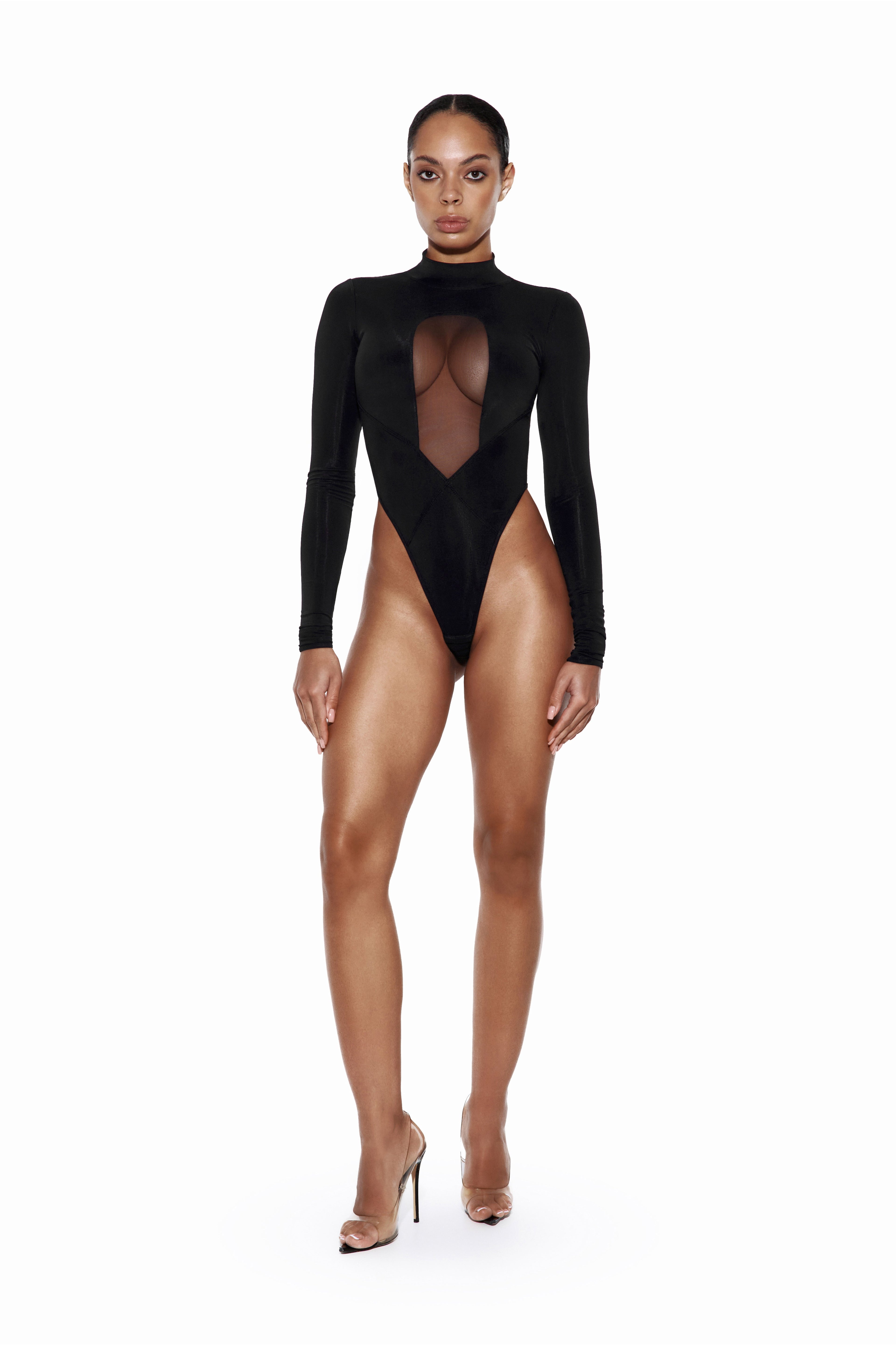 Black Long Sleeve Bodysuit with Central Mesh Insert - COLUMN