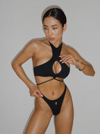 Black Swimsuit subtle neckline thin straps WAWIE