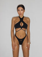 Black Swimsuit subtle neckline thin straps WAWIE