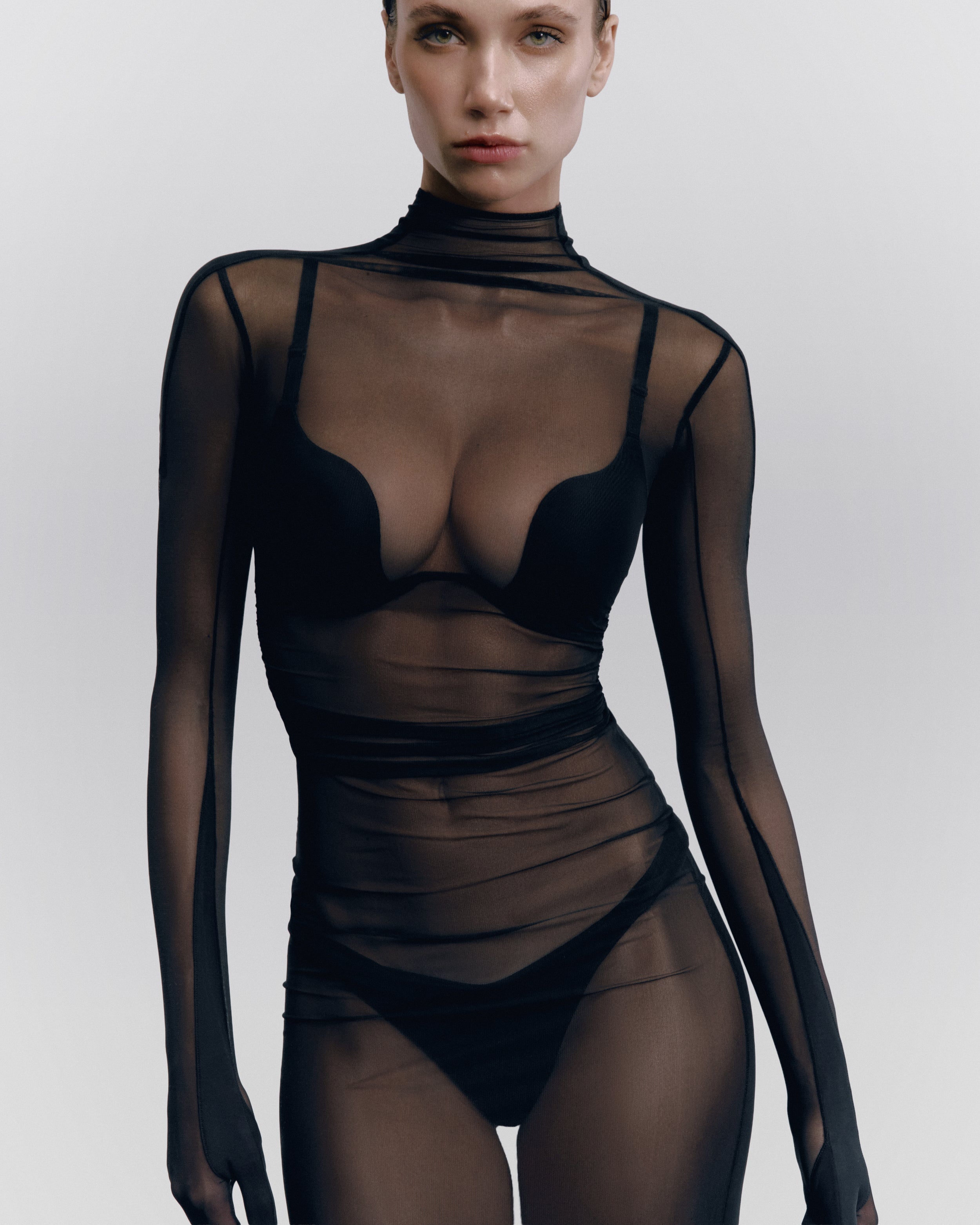 Sheer Mesh Maxi Dress with Glove Sleeves ILLUSION