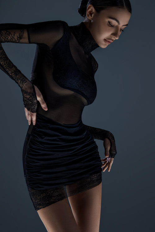 Black Mini Dress with Long Lace Sleeves