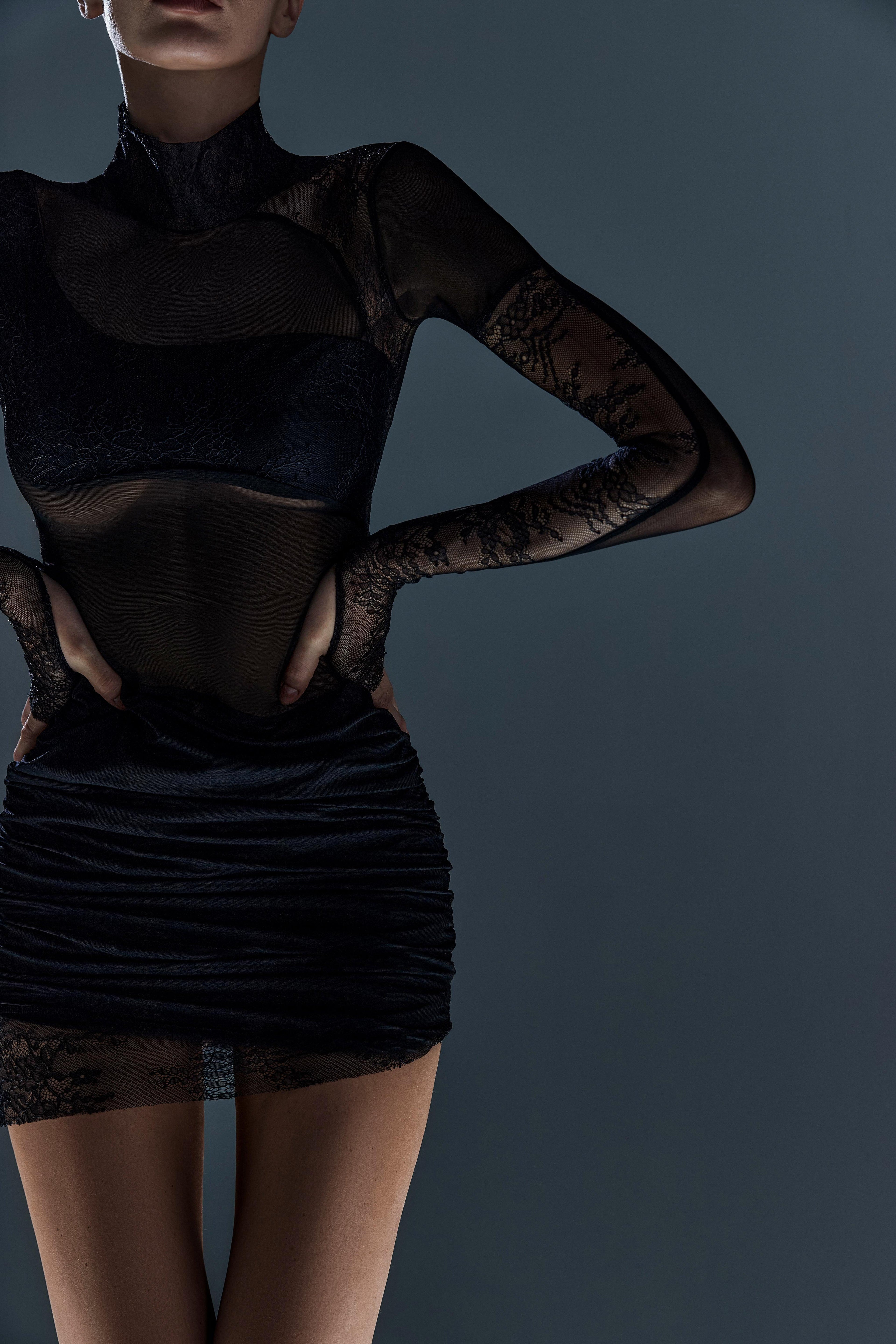 Black Mini Dress with Long Lace Sleeves