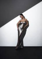 Elegant Black Maxi Dress in Shimmering silver Mesh
